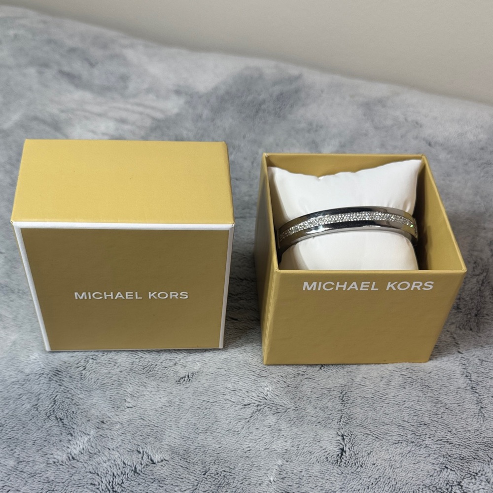 Michael Kors Wide 7/16” Silver Tone Bangle - 3-Row Recessed Pave